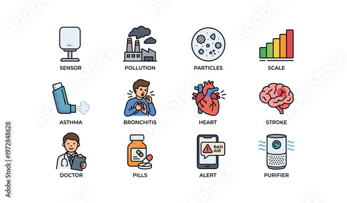 Air quality effects: health risks, prevention, and monitoring icons