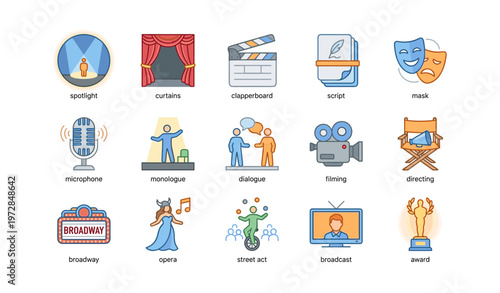 Theater and film icons: spotlight, curtains, clapperboard, script, mask