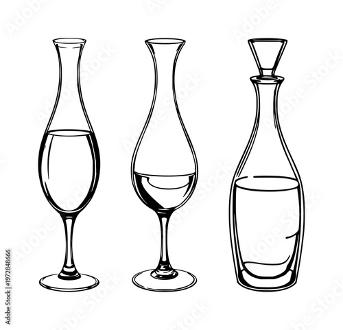 Wine decanter set with black line art crystal design featuring decanter, glassware, fine crystal with minimalist and outline illustration