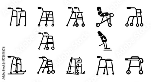 Walker icons, mobility aid symbols, walking aid illustrations, healthcare signs