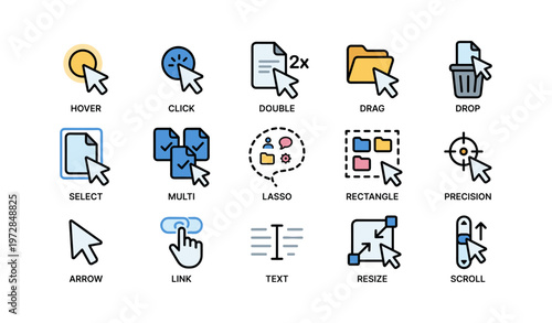 Computer mouse interaction icons for various functions and actions