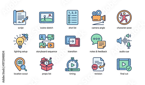Film production icons: script, camera angle, lighting, storyboard, editing symbols