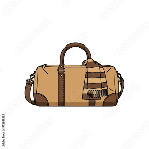 A vintage canvas duffle bag with a folded scarf, tan and dark brown tones, clean minimalist outlines, retro travel vibes, minimalist flat vector artwork, clipart style, absolute solid block