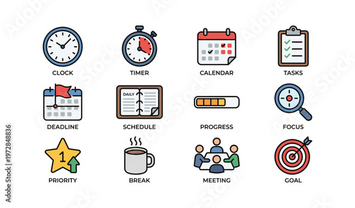 Productivity icons: clock, timer, calendar, tasks, schedule, focus, meeting, goal