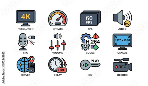 Streaming and recording icons - 4k quality, audio, video settings, fps, codec, live