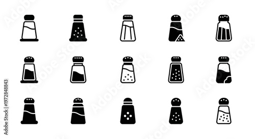Salt and pepper shaker icons, black and white vector set, 12 spice bottle illustrations, kitchen seasoning symbols