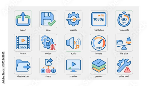 Video editing icons for quality, resolution, and format with codec and audio functions