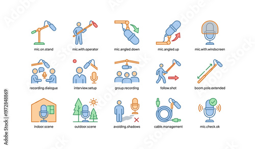 Illustrated audio production guide with microphone and sound setup icons