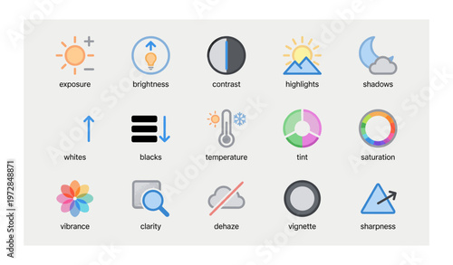Image editing icons: exposure, brightness, contrast, color adjustment tools
