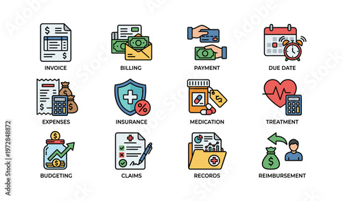 Healthcare financial icons: invoice, payment, insurance, medication, budgeting, treatment