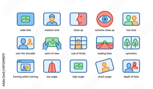 Camera techniques icons set: angles, composition, framing, and shots