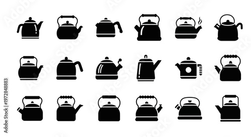 Black tea kettle icons, vector kettle silhouettes, kitchen utensil graphics, 20 tea pot symbols