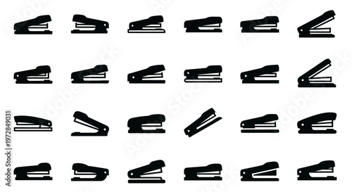 Black binder clips, office supplies, stationery icons, clip set, vector graphics