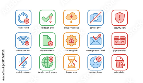 Error and warning icons set featuring common tech issues and alerts