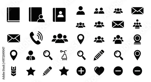 Black icons set, communication symbols, social media graphics, web elements, 30 flat design signs