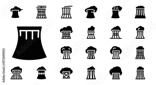 Nuclear power plant icons, atomic energy symbols, reactor logos, black silhouette graphics