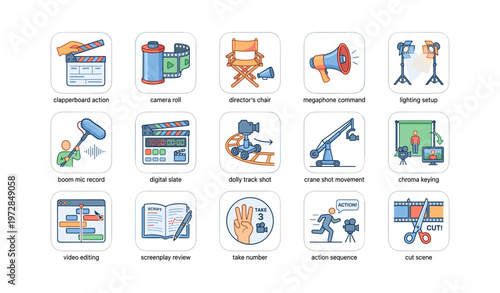 Filmmaking icons featuring camera, director's chair, megaphone, lighting, microphone, and chroma keying