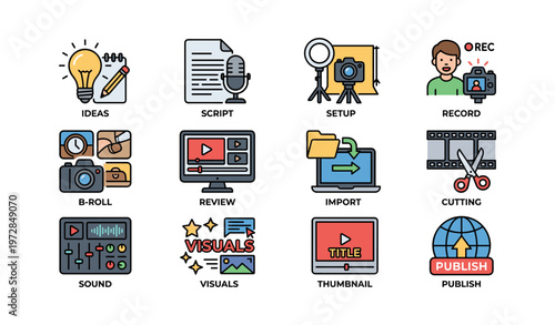 Video production process icons featuring equipment and tasks for filmmaking and content creation