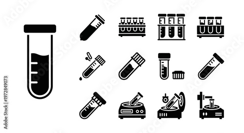 Lab equipment icons, test tube symbols, science illustrations, chemistry graphics, 13 black and white vector icons