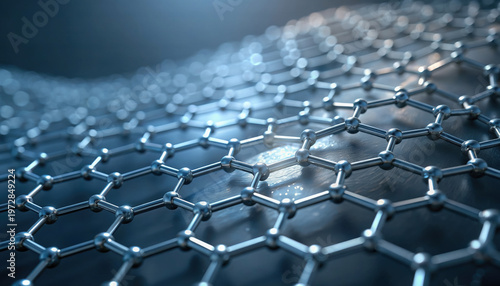 Close-up of a hexagonal graphene structure with a blue gradient.