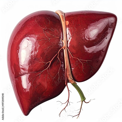 Illustration of a human liver showing the two major lobes veins and hepatic ducts on a white background; anatomical liver illustration