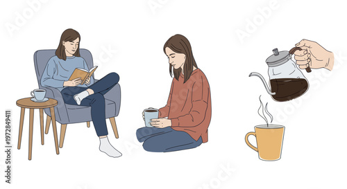 Woman relaxing at home with coffee and a book