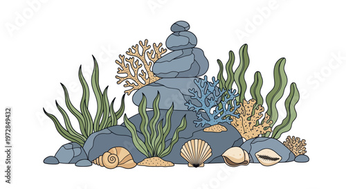 Underwater scene with stones, coral and shells