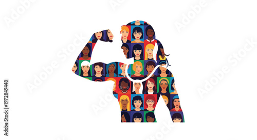 Strong woman silhouette with diverse faces representing female empowerment and unity