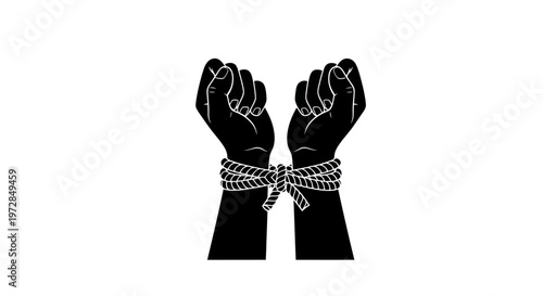 Silhouette of human hands tied with rope at the wrists.