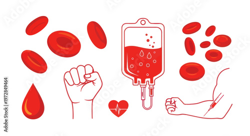 Blood donation icon set featuring red blood cells and transfusion bag