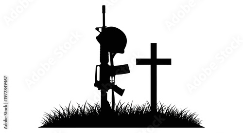 Silhouette of a fallen soldier memorial with rifle helmet and cross.