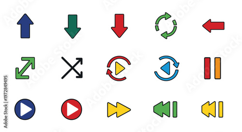 Set of colorful media control icons and arrows