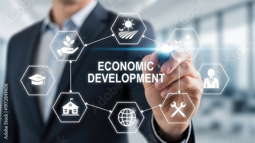 Businessman Touching Economic Development Diagram with Icons.