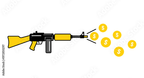 Machine Gun Firing Golden Dollar Coins, Symbolizing Financial Power or Aggressive Investment