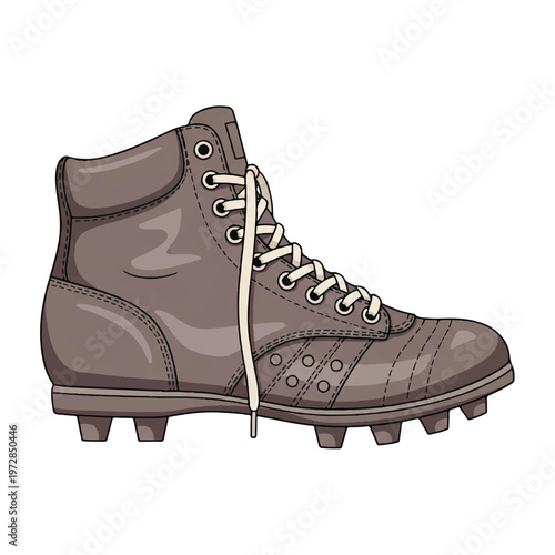 High-cut vintage leather soccer boot with thick cotton laces and circular studs, monochromatic sepia tones, minimalist flat vector artwork, clipart style, absolute solid block colors, extremely