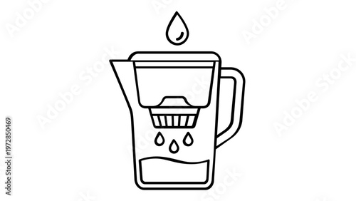 Minimalist Water Filter Pitcher Vector Icon Illustration; Scalable Flat Line Art Design of a Water Purification Jug with Drops for Ecology, Clean Drinking Water, and Environmental Sustainability
