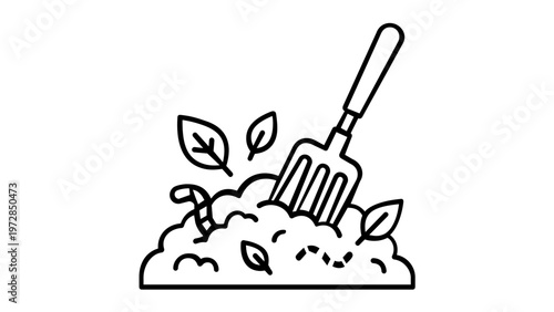 Minimalist vector icon illustration of a compost heap featuring a garden fork, organic waste, leaves, and an earthworm. Ideal for ecology, sustainable gardening, and soil enrichment themes.