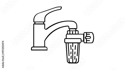 Water Filter Faucet Vector Icon Illustration: Minimalist Line Art Design of a Kitchen Tap with Purification System for Clean Drinking Water, Scalable Flat Graphic for Ecology and Health Projects