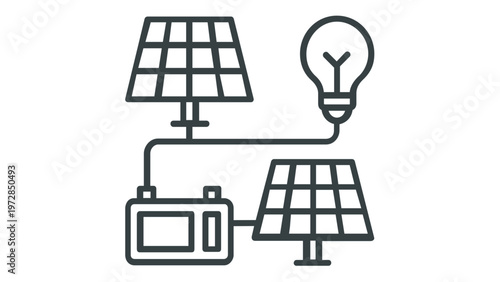 Solar energy system vector icon illustration featuring photovoltaic panels connected to a light bulb and battery storage for sustainable renewable power generation and green electricity concept.