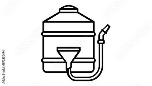 Minimalist vector icon illustration of a garden pressure sprayer tank with hose and funnel, professional line art design for agricultural pest control, gardening tools, and farm equipment.