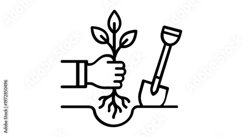 Vector icon illustration of a hand planting a young tree sapling with roots into a hole in the ground next to a shovel, symbolizing ecology, environmental conservation, gardening, and growth.