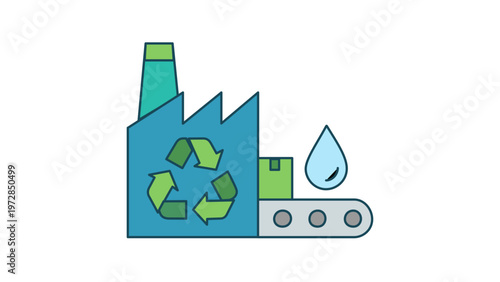 Sustainable recycling factory vector illustration icon with green recycle symbol, industrial building, conveyor belt, and water drop, representing eco-friendly manufacturing and green energy.