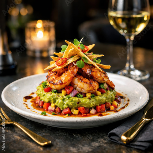 Grilled shrimp on avocado salad with tortilla strips, served with glass of white wine in cozy restaurant setting