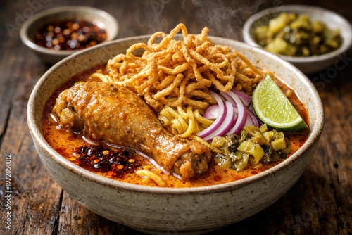 Steaming bowl of khao soi with chicken, crispy noodles, red onion, lime, and pickled vegetables on rustic wooden table