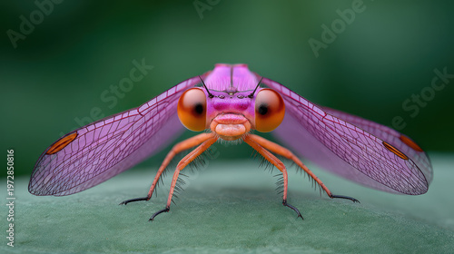 Vibrant pink insect with large orange eyes and delicate wings stands on green surface, showcasing its unique and colorful appearance