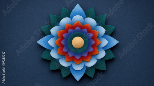 Colorful layered paper flower with central circle on dark blue background, showcasing intricate design and vibrant hues
