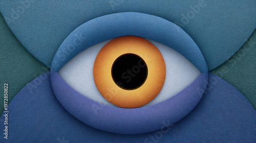 Abstract eye design with vibrant colors and textured layers creates captivating visual. central orange circle contrasts with surrounding blue