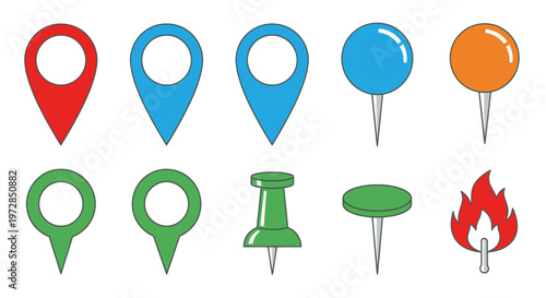 Collection of colorful map location pins and push pin icons on white background