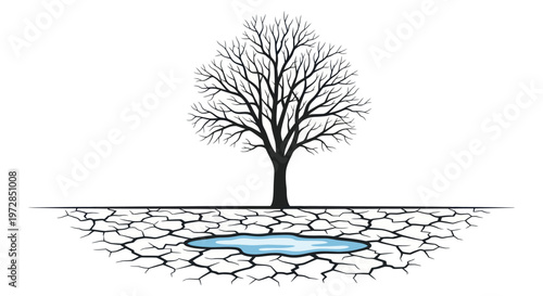 Bare tree on cracked earth with a small water puddle
