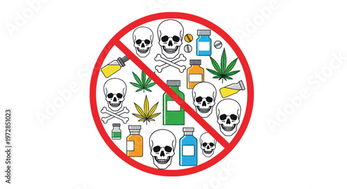 No drugs and danger sign with skulls and pills